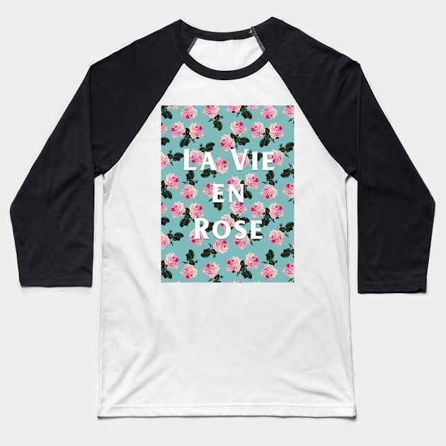 La Vie En Rose - scattered pink vintage roses on turquoise Baseball T-Shirt by bettyretro